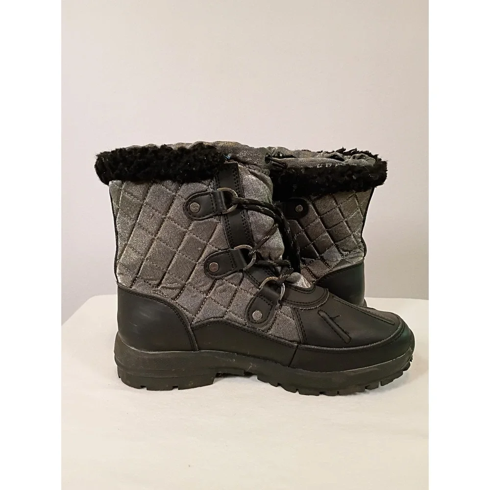 Wintercore Bearpaw Women 7 Black Silver Waterproof Quilted Faux Fur Snow Boots